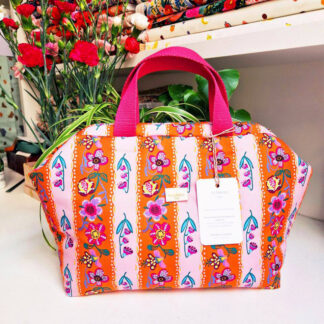 Sac à projets clap clap molletonné en tissu Nathalie Lété coton imprimé rayures et fleurs, orange, parme, violet