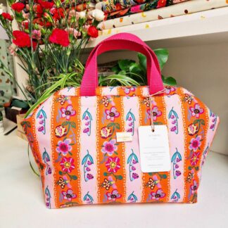 Sac à projets clap clap molletonné en tissu Nathalie Lété coton imprimé rayures et fleurs, orange, parme, violet