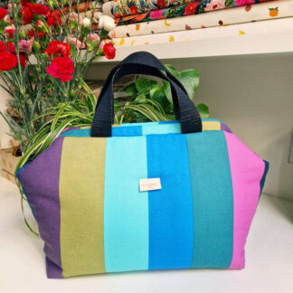 Sac à projets clap clap molletonné en tissu Anna Maria coton imprimé rayures, des rayures vintages larges turquoise, bleu, émeraude, vert anis, rose orchidée