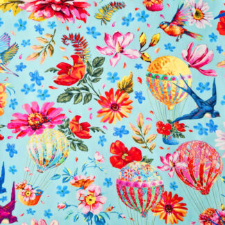 Tissu imprimé Festival Odile Bailloeul oiseaux fleurs montgolfières sur fond bleu ciel