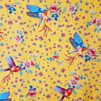 Tissu coton imprimé oiseaux et fleurs sur fond jaune bouton d'or avec mini motifs cercles multicolores
