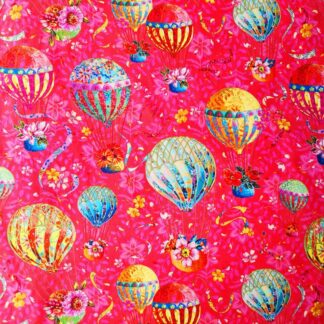 Tissu festival Odile bailloeul imprimé montgolfières bleu, jaune vertes sur fond rose fuschia
