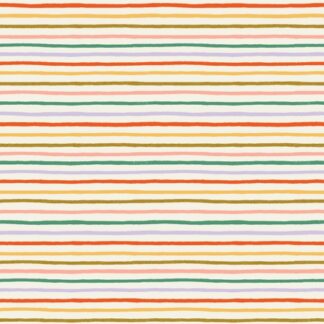 Tissu imprimé rayures rifle paper co multicolores rayures peintes à la main rose, vert, bleu, rouge dorée sur fond écru