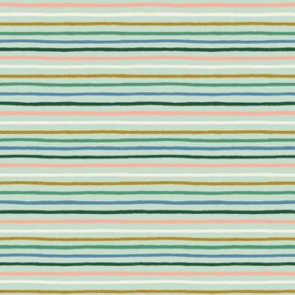 Tissu imprimé rayures rifle paper co dégradé de verts rayures peintes à la main vert fonce bleu rose dragée dorée sur fond vert d'eau