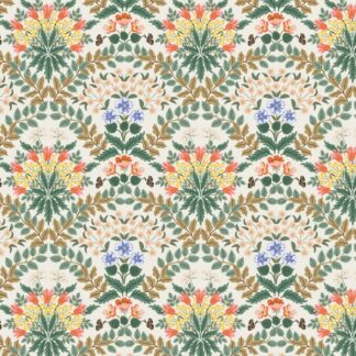 tissu coton imprimé floral rifle paper co collection bramble motif fleurs forme de médaillon jaune orange vert sur fond écru