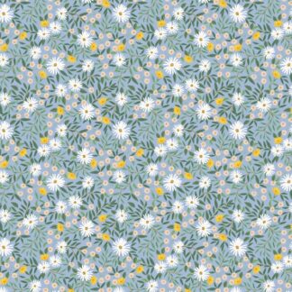tissu coton imprimé floral rifle paper co collection bramble motif fleurs champêtres blanches et jaunes sur un fond gris bleu