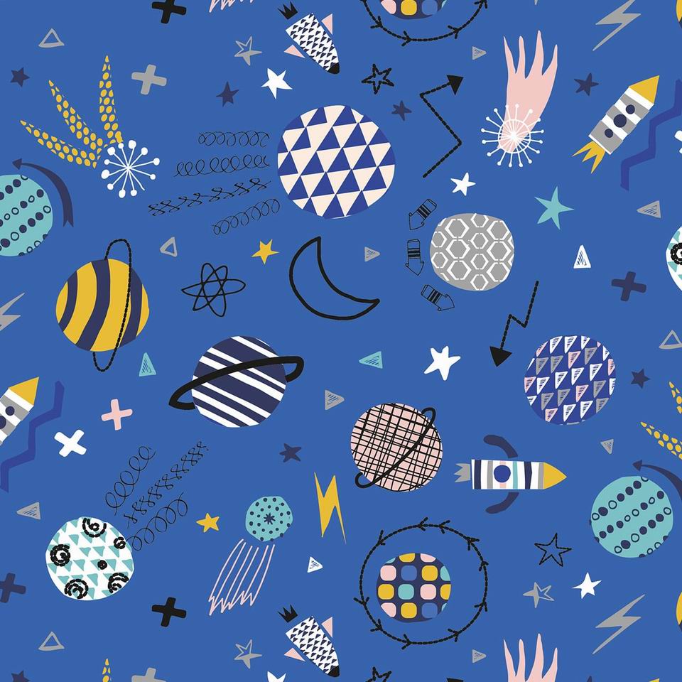 Tissu coton imprimé blast Dashwood studio soucoupes volantes planètes etoiles filantes blanches jaunes bleu sur fond bleu