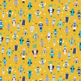 Tissu coton imprimé Blast Dashwood studio fusées jaunes blanches bleues sur fond jaune