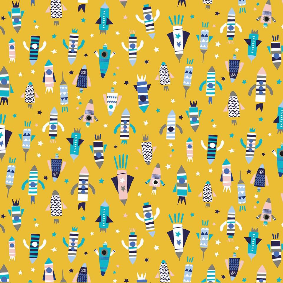 Tissu coton imprimé Blast Dashwood studio fusées jaunes blanches bleues sur fond jaune