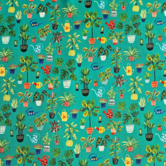 tissu imprimé coton Beauty and Solitude cotton and steel sur ce fond vert émeraude un mini motif une accumulation de pots de fleurs des plantes jaunes rose vert