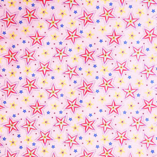 Tissu Anna Maria Free Spirit coton imprimé étoiles fleurs blanches et rouges sur fond rose candy