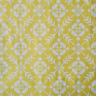 Tissu coton free spirit imprimé graphique géométrique comme un motif jacquard en tricot blanc crème sur fond jaune pickle