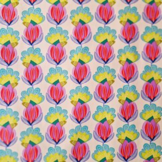 Tissu imprimé anna maria pour free Spirit paon coton motif floral et végétal fond crème paon mauve orange jaune citron