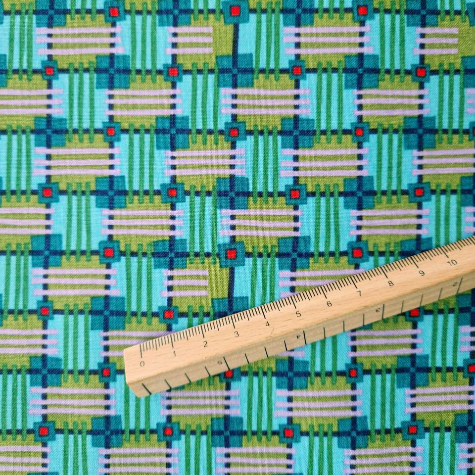 Tissu Anna Maria Free Spirit coton imprimé géométrique quadrillé vert vert mousse vert menthe vert jungle rehaussé de mauve et mini carré rouge vermillon parfait pour la couture créative