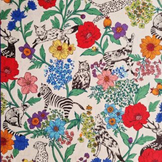 Tissu canvas lin coton japonais kokka imprimé fleurs et animaux de la jungle fond couleur naturel eclats de couleur rouge bleu vert