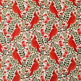 Tissu coton Rifle Paper Co Holiday Classics imprimé Noël oiseaux rouges sur un feuillage vert et fond blanc crème