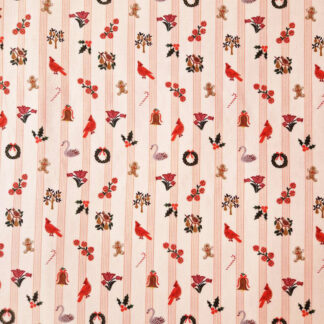 Tissu coton Rifle Paper Co Holiday Classics imprimé Noël rayures rose nude ultra fines sur fond blanc crème parsemées de motifs de Noël menele, canne à sucre, houx, couronne de Noël