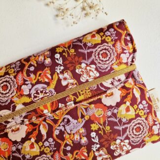 Pochette livres molletonnée tissu coton imprimé oiseaux fleurs free spirit imprimé aux couleurs automnales élastique doré métallisé