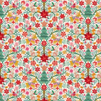 Tissu coton Thread and Ink imprimé de Noël motif floral ornemental comme un arbre de vie de Noël fond écru, motifs de noel sapins vert, fleur étoile rouge, rennes brun doré