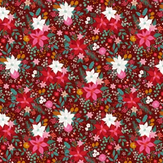 Tissu coton Thread and Ink imprimé de Noel motif floral rouge rose et blanc