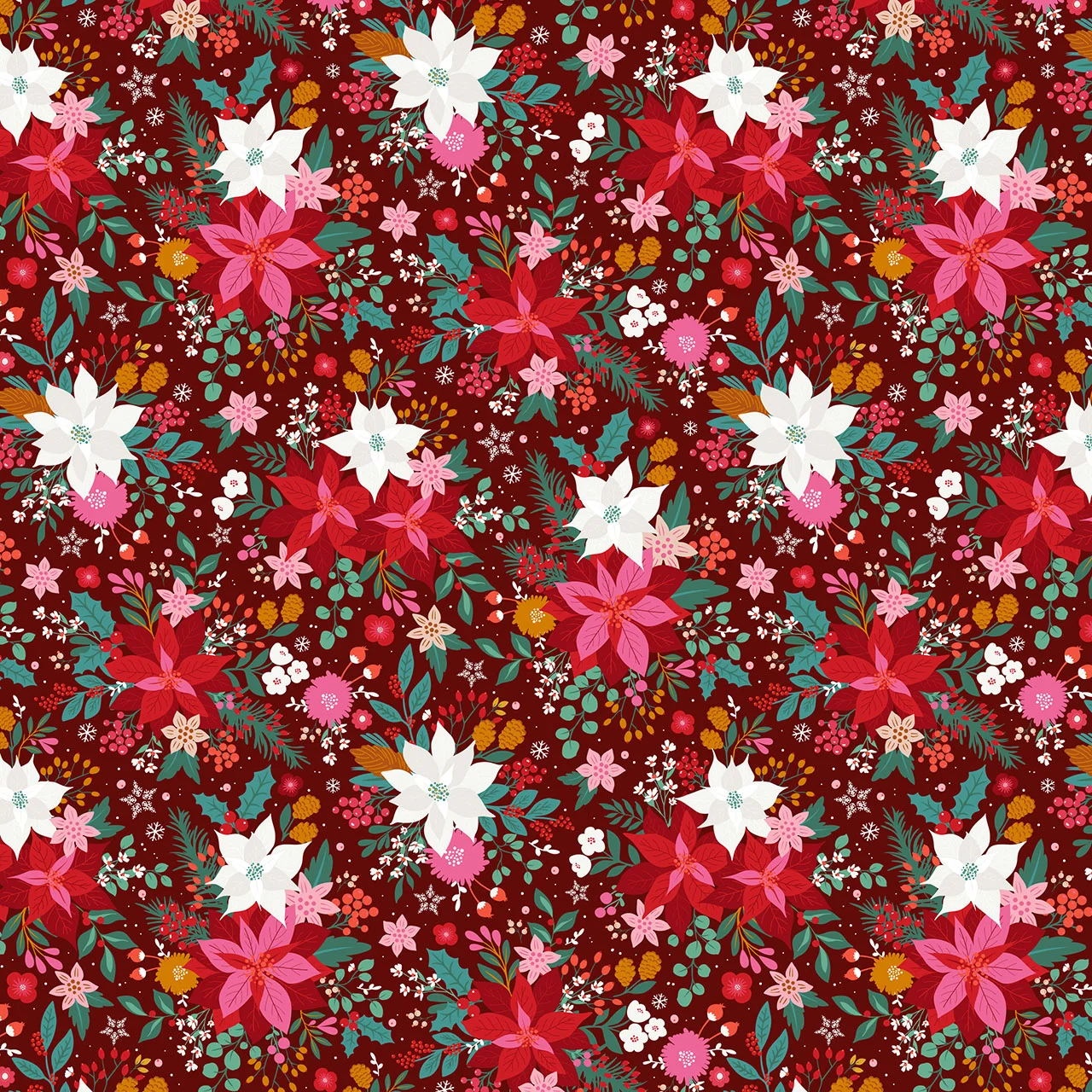 Tissu coton Thread and Ink imprimé de Noel motif floral rouge rose et blanc