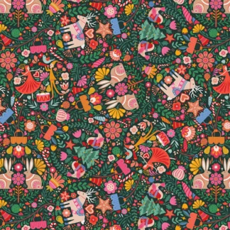 Tissu coton Thread and Ink imprimé de Noël motif riche coloré sur fond foncé sapin vert, lutin tambour, lapin et rennes rouges vert jaune d'or