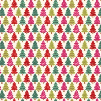 Tissu de Noël coton imprimé sapin Thread and Ink motif graphique, sapins alignés et en quinconce rouge rose vert forêt vert mousse