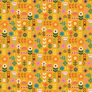 Tissu coton imprimé fleuri automnal fond ocre jaune motif floral scandinave blanc rose vert orange joyeux et lumineux