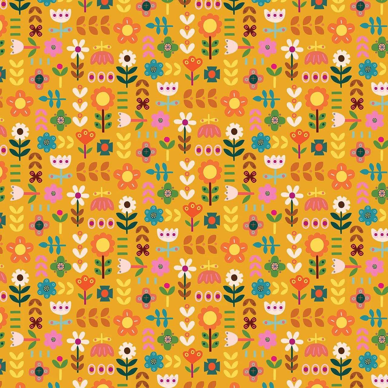 Tissu coton imprimé fleuri automnal fond ocre jaune motif floral scandinave blanc rose vert orange joyeux et lumineux