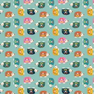 Tissu coton imprimé automnal hérissons, les animaux sont colorés roses, jaune, brun roux, bleu, vert, sur un
